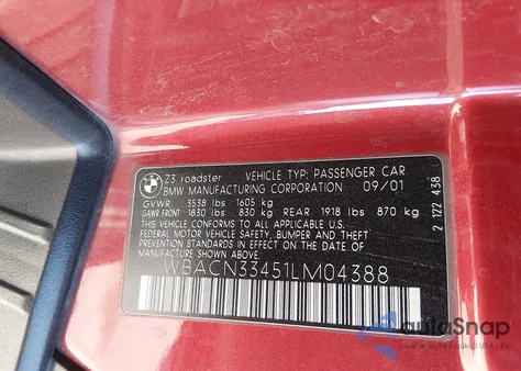 2001 BMW Z3 2.5I z USA, uszkodzony, nr VIN WBACN33451LM04388